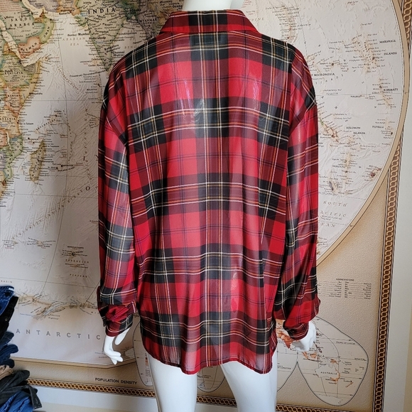 Liz Claiborne red black plaid sheer long sleeve button shirt preppy academia 14 - Picture 2 of 12